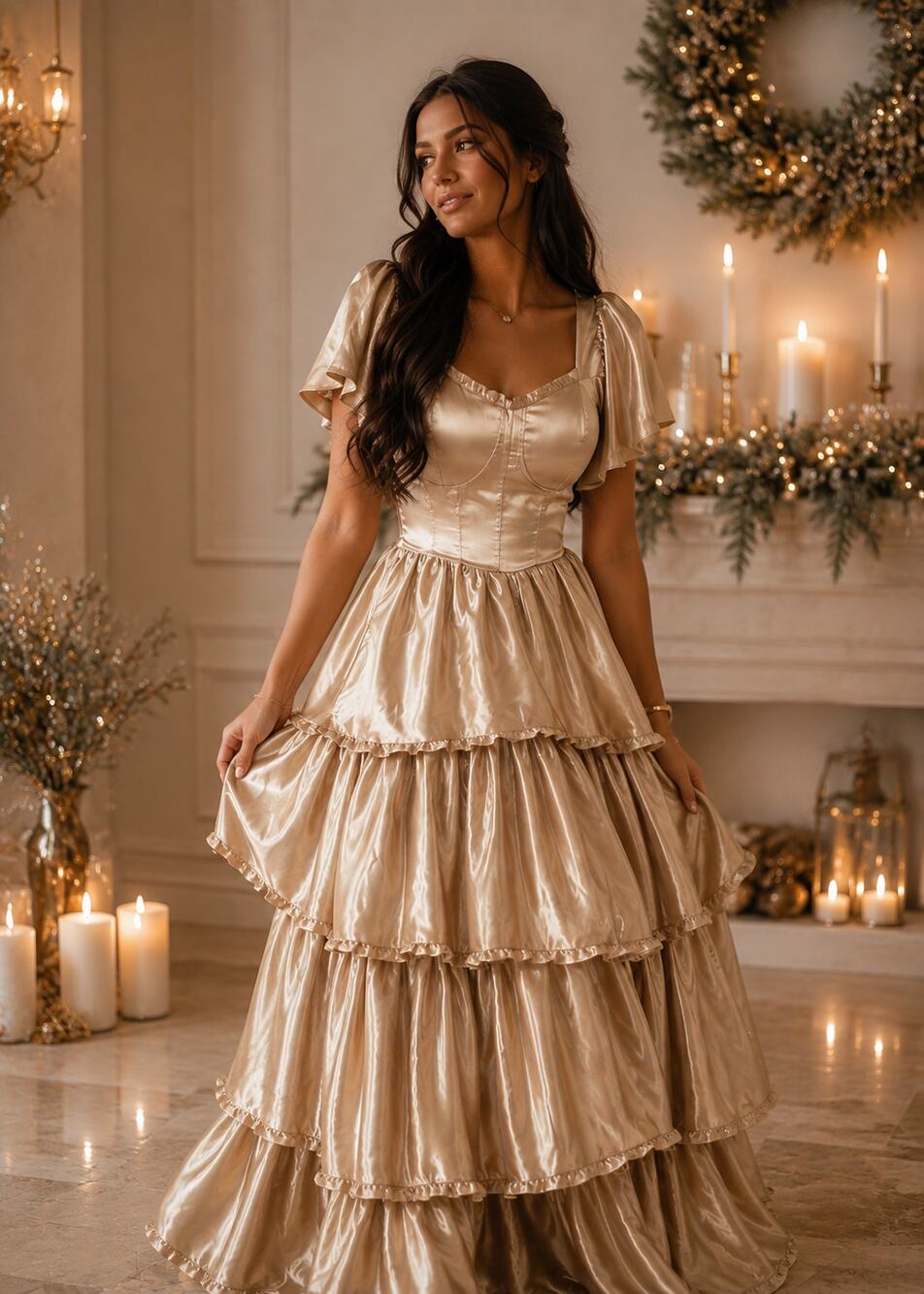 NWT Ivy City Co. "Arabelle" Tiered Ruffle Satin Maxi Dress Champagne / Gold